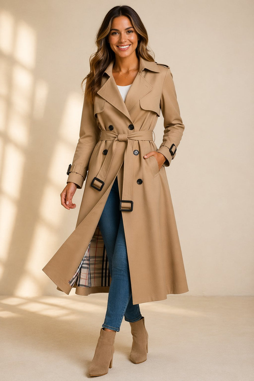Madison | Stylish Double-Breasted Belted Long Trench Coat