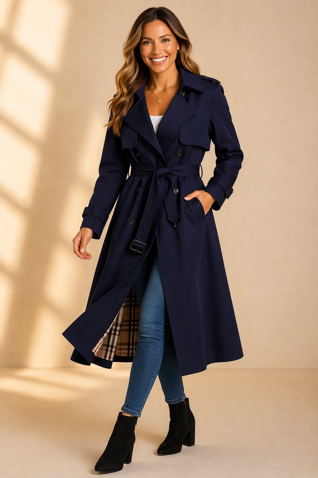 Madison | Stylish Double-Breasted Belted Long Trench Coat