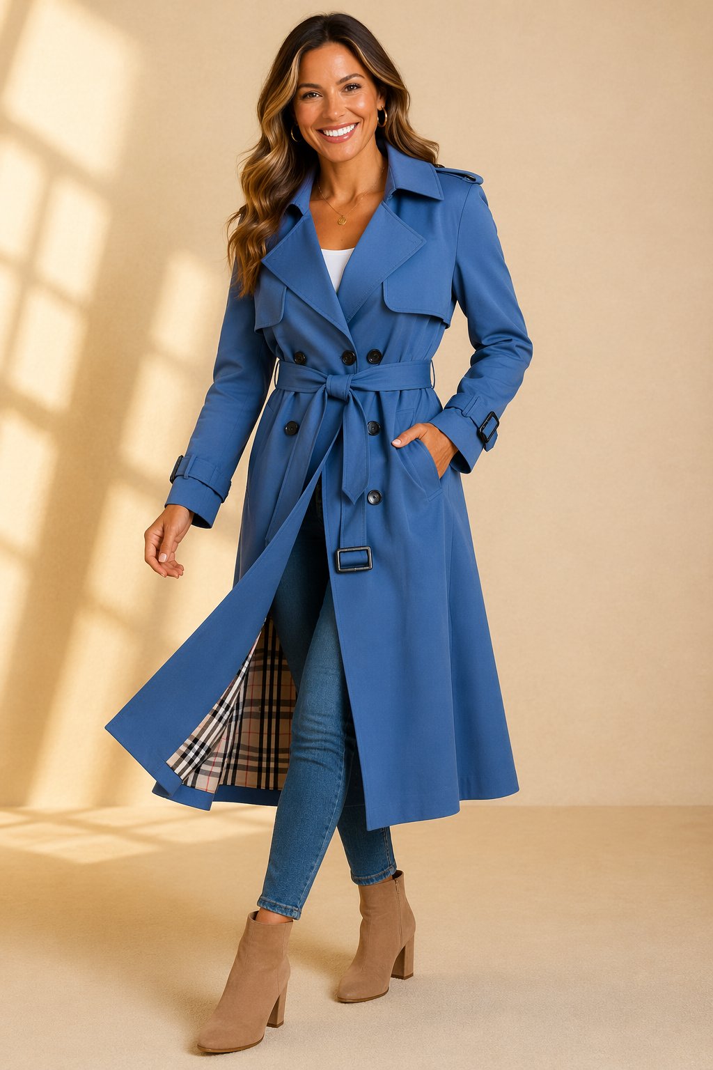 Madison | Stylish Double-Breasted Belted Long Trench Coat