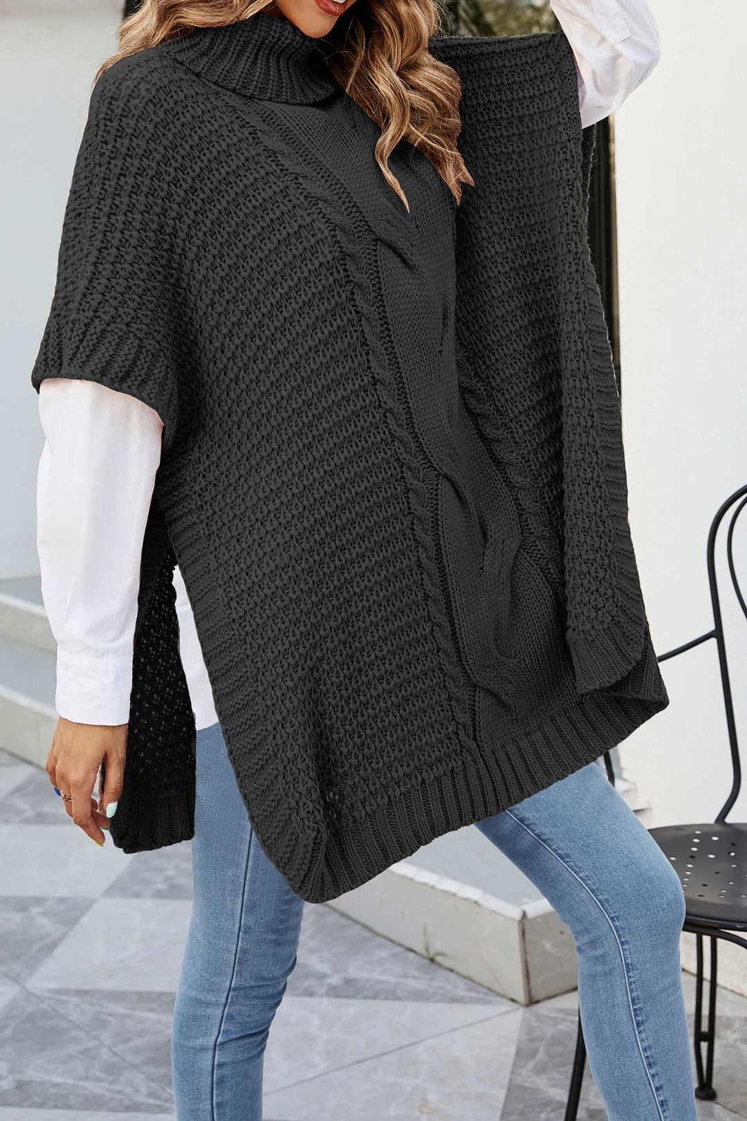 Margaret | Refined Cable Knit Turtleneck Poncho Sweater