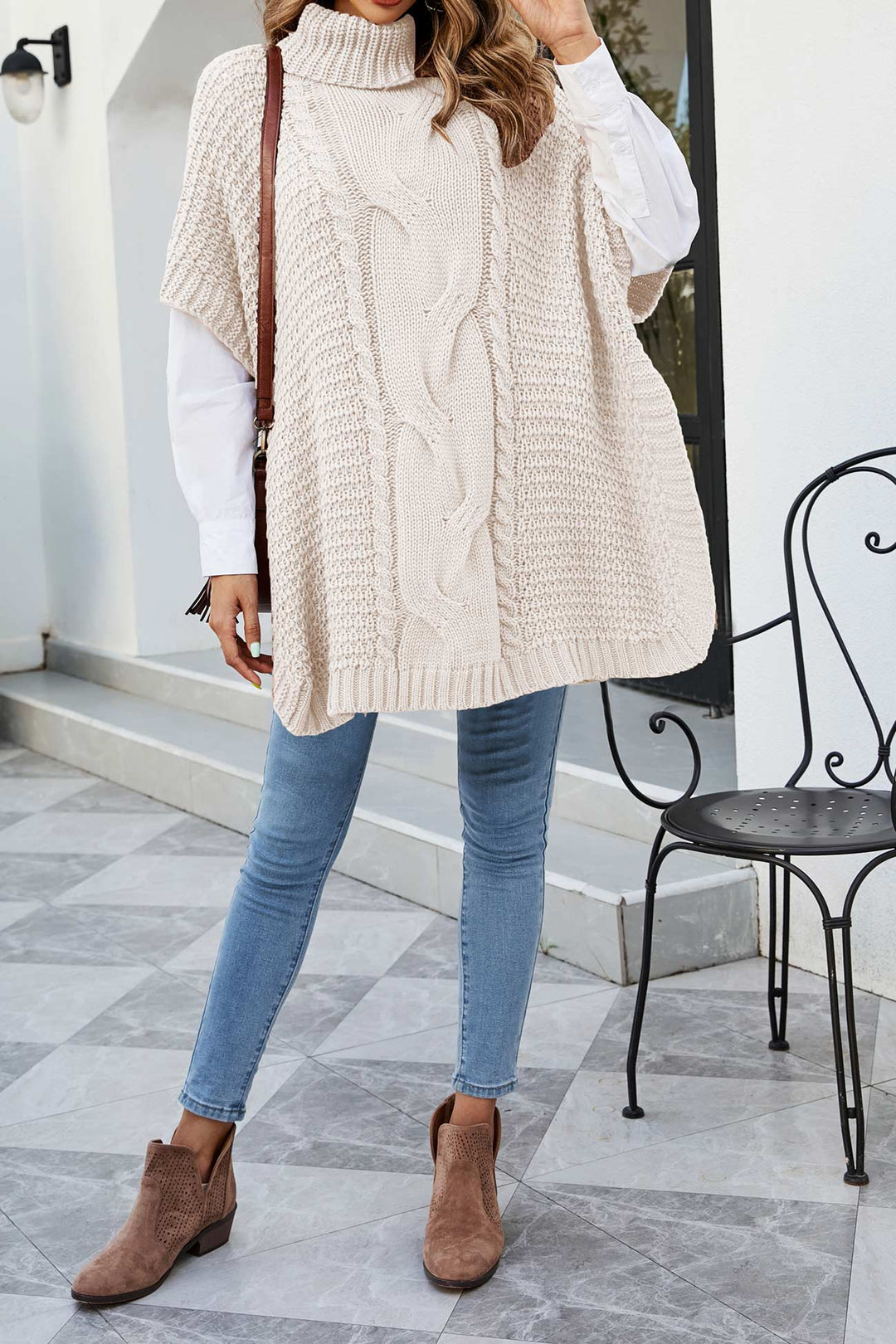 Margaret | Refined Cable Knit Turtleneck Poncho Sweater