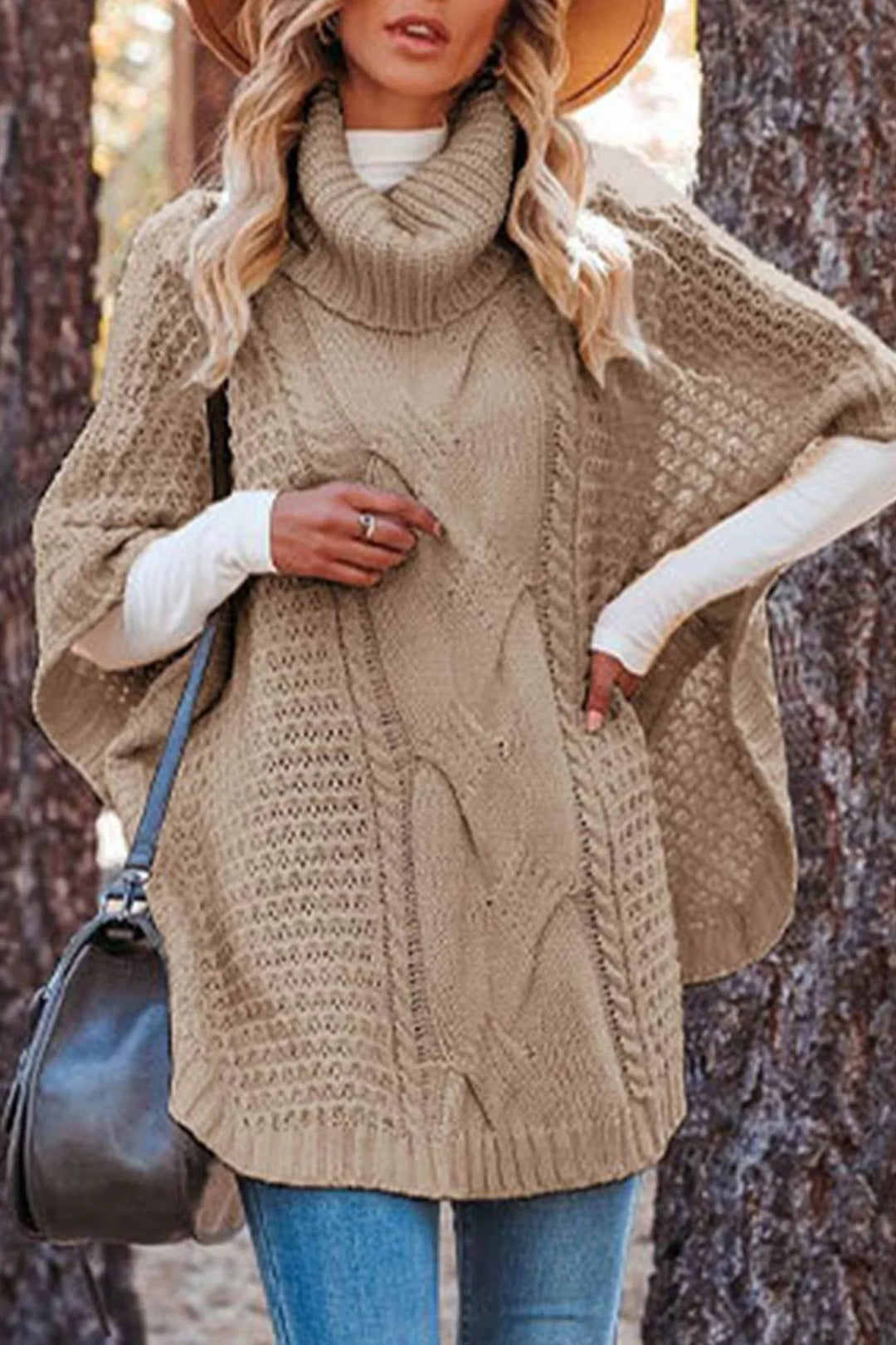 Margaret | Refined Cable Knit Turtleneck Poncho Sweater