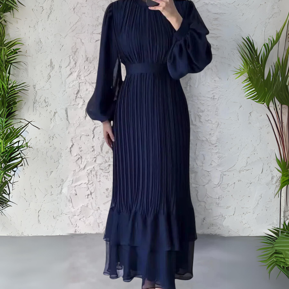Maria | Refined Pleated Mock Neck Holiday Dress