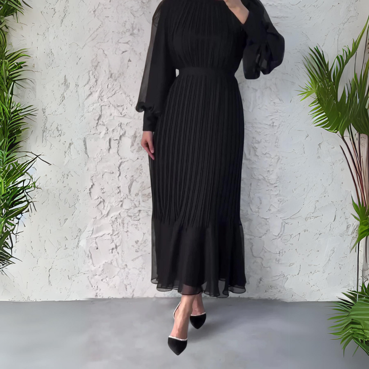 Maria | Refined Pleated Mock Neck Holiday Dress