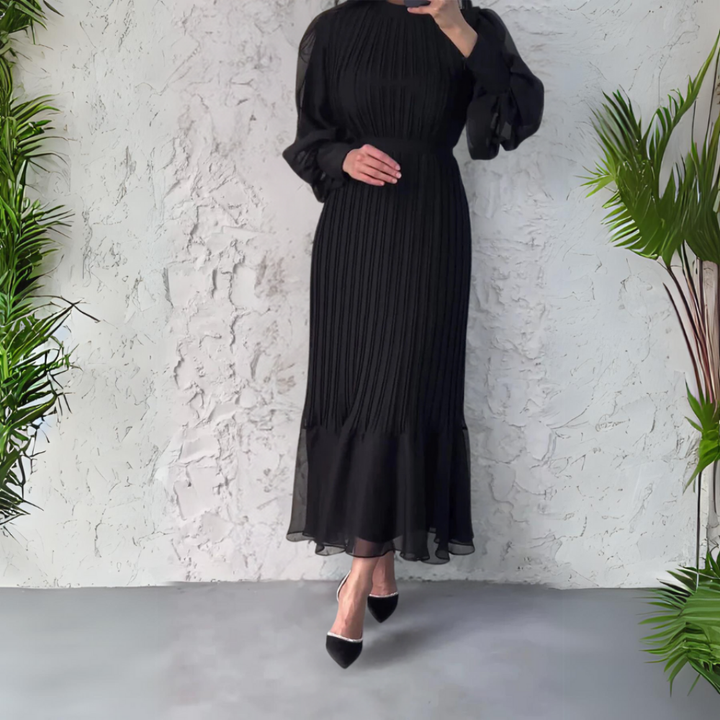 Maria | Refined Pleated Mock Neck Holiday Dress