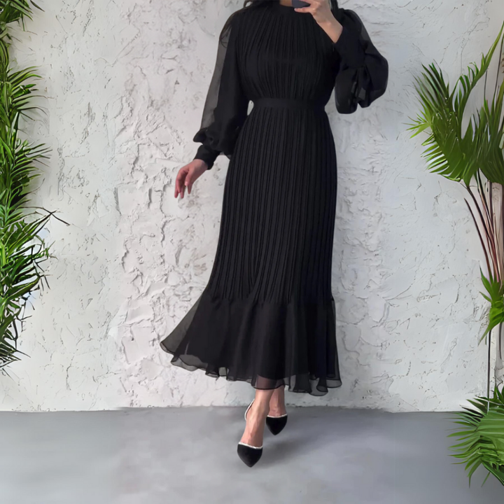 Maria | Refined Pleated Mock Neck Holiday Dress