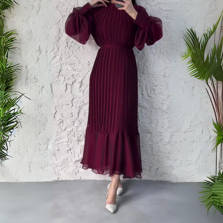Maria | Refined Pleated Mock Neck Holiday Dress