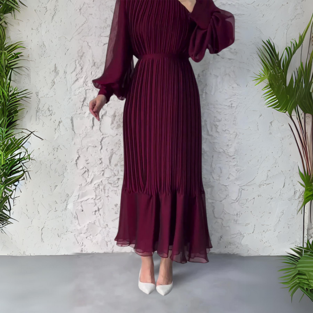 Maria | Refined Pleated Mock Neck Holiday Dress