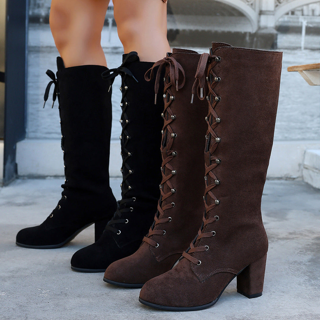 Maria | Relaxed Lace-Up Knee High Boots with Block Heel