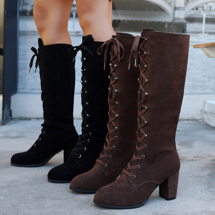Maria | Relaxed Lace-Up Knee High Boots with Block Heel