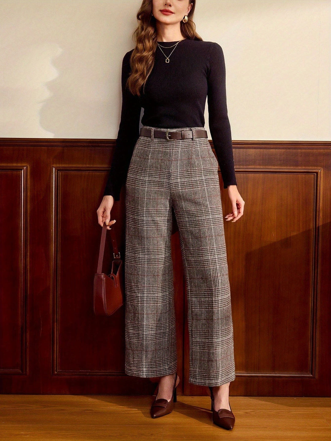 Marilyn | Chic High Waisted Wide Leg Plaid Pants