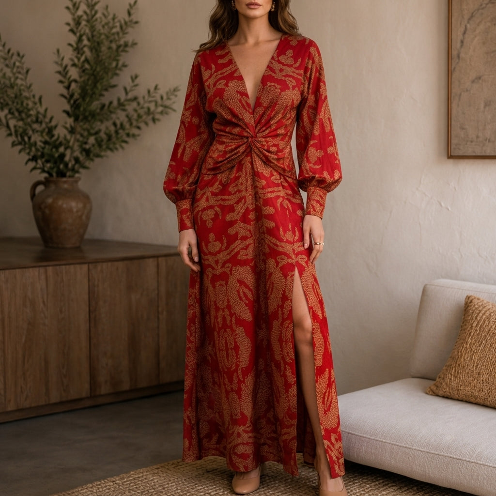 Marilyn | Chic Twist-Front Printed Holiday Dress