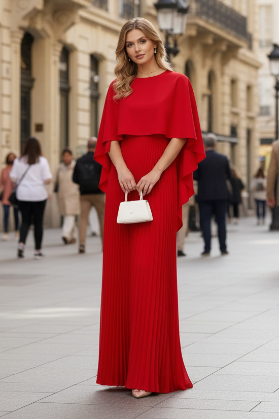 Marilyn | Classic Pleated Cape Sleeve Holiday Maxi Dress
