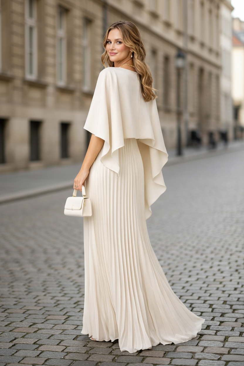 Marilyn | Classic Pleated Cape Sleeve Holiday Maxi Dress