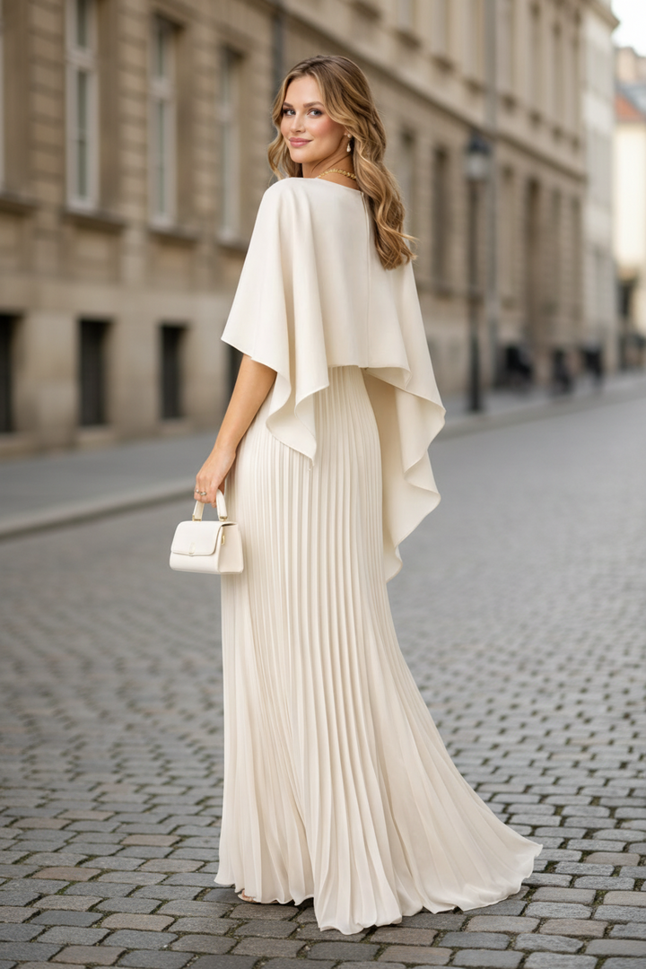 Marilyn | Classic Pleated Cape Sleeve Holiday Maxi Dress