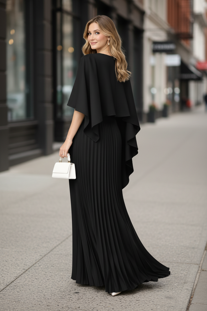 Marilyn | Classic Pleated Cape Sleeve Holiday Maxi Dress