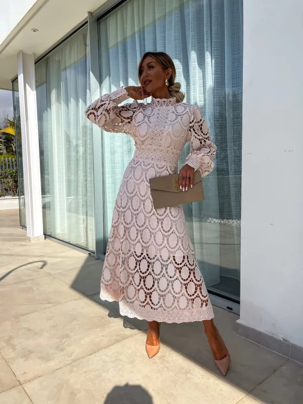 Marilyn | Refined Crochet Lace Fall Wedding Guest Midi Dress