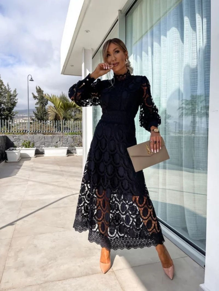 Marilyn | Refined Crochet Lace Fall Wedding Guest Midi Dress