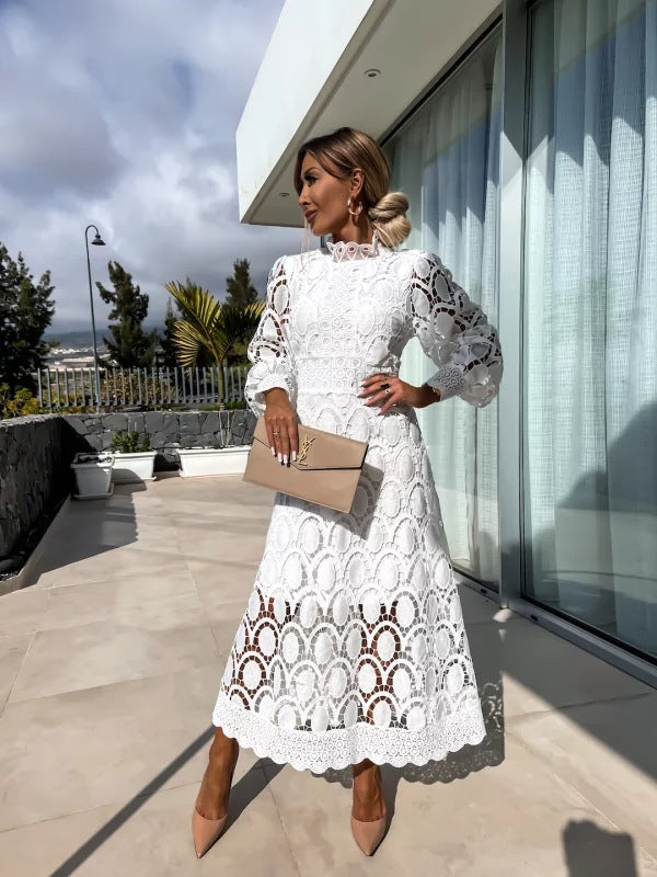 Marilyn | Refined Crochet Lace Fall Wedding Guest Midi Dress
