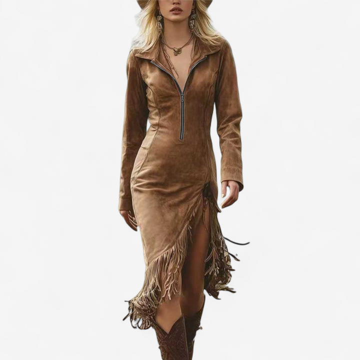 Marilyn | Stylish Fringe Trim Fall Wedding Guest Dress