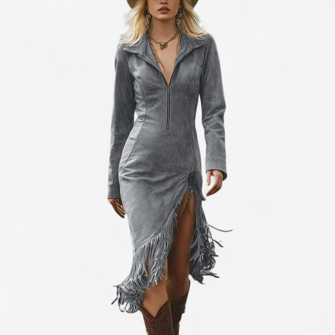 Marilyn | Stylish Fringe Trim Fall Wedding Guest Dress