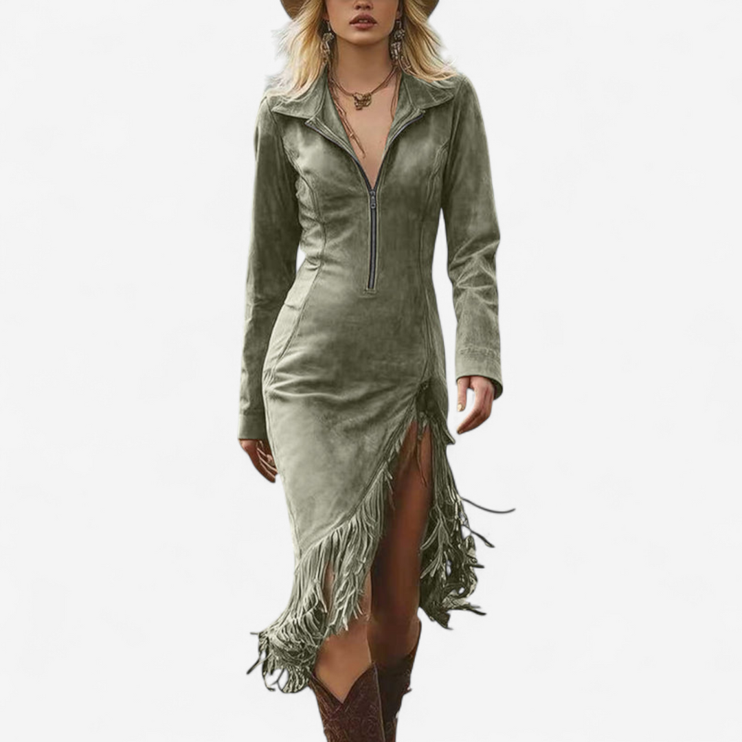 Marilyn | Stylish Fringe Trim Fall Wedding Guest Dress