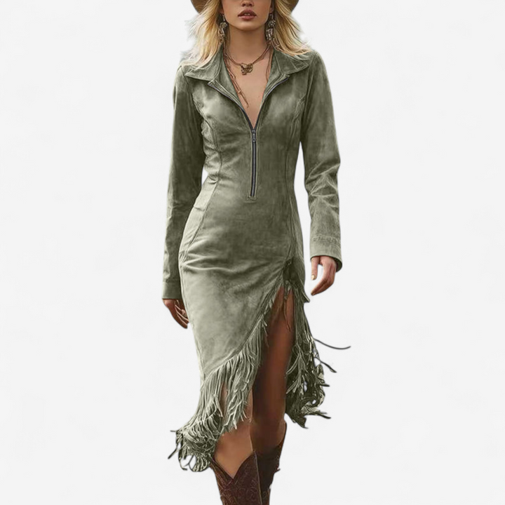 Marilyn | Stylish Fringe Trim Fall Wedding Guest Dress