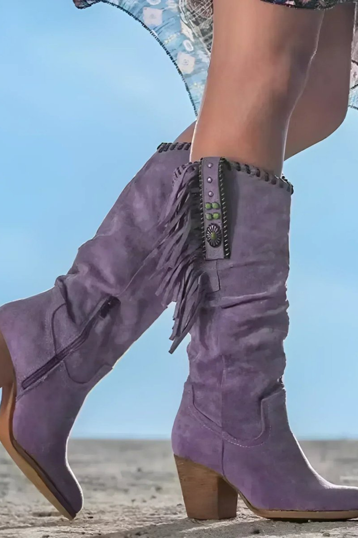 Martha | Chic Slouchy Wide Calf Boots with Western Fringe
