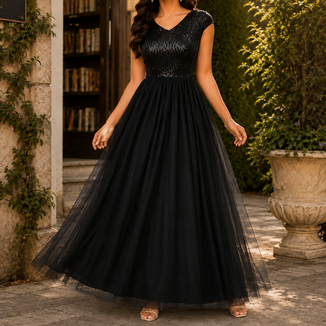 Mary | Chic Sequin Fall Wedding Guest Maxi Dress