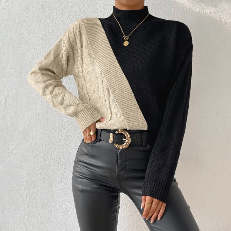 Mary | Cozy Color Block Cable Knit Turtleneck Sweater