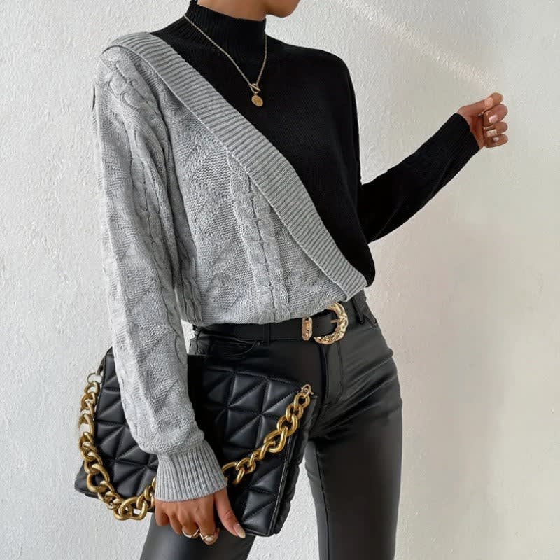 Mary | Cozy Color Block Cable Knit Turtleneck Sweater