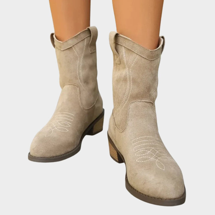 Mary | Cozy Embroidered Western Block Heel Ankle Boots