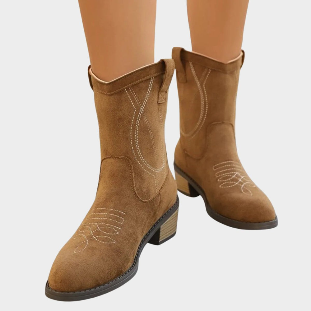 Mary | Cozy Embroidered Western Block Heel Ankle Boots