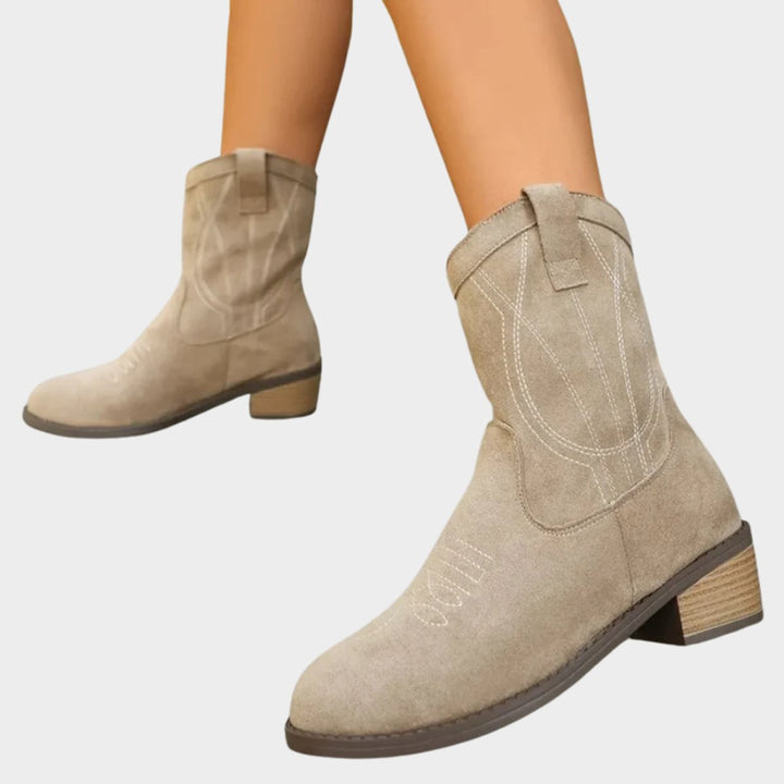 Mary | Cozy Embroidered Western Block Heel Ankle Boots