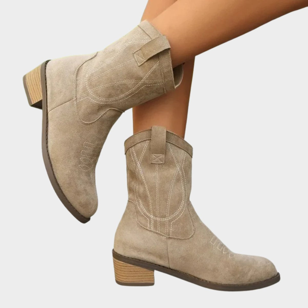 Mary | Cozy Embroidered Western Block Heel Ankle Boots