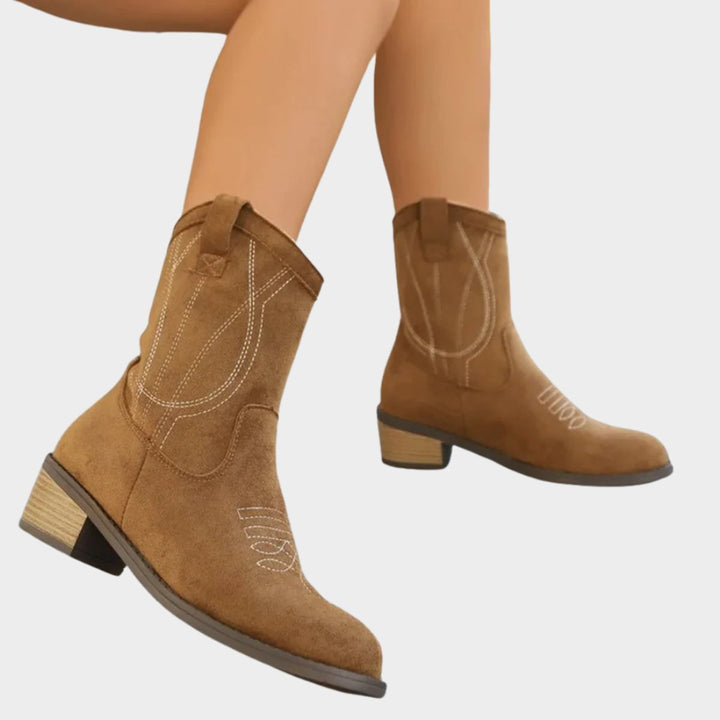 Mary | Cozy Embroidered Western Block Heel Ankle Boots