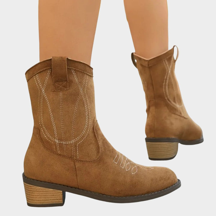 Mary | Cozy Embroidered Western Block Heel Ankle Boots