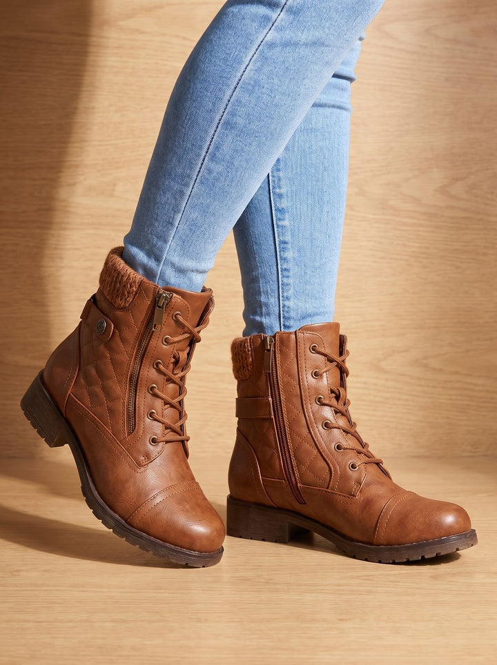 Megan | Cozy Quilted Lace-Up Block Heel Ankle Boots