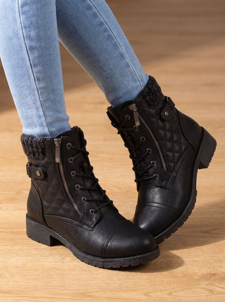 Megan | Cozy Quilted Lace-Up Block Heel Ankle Boots