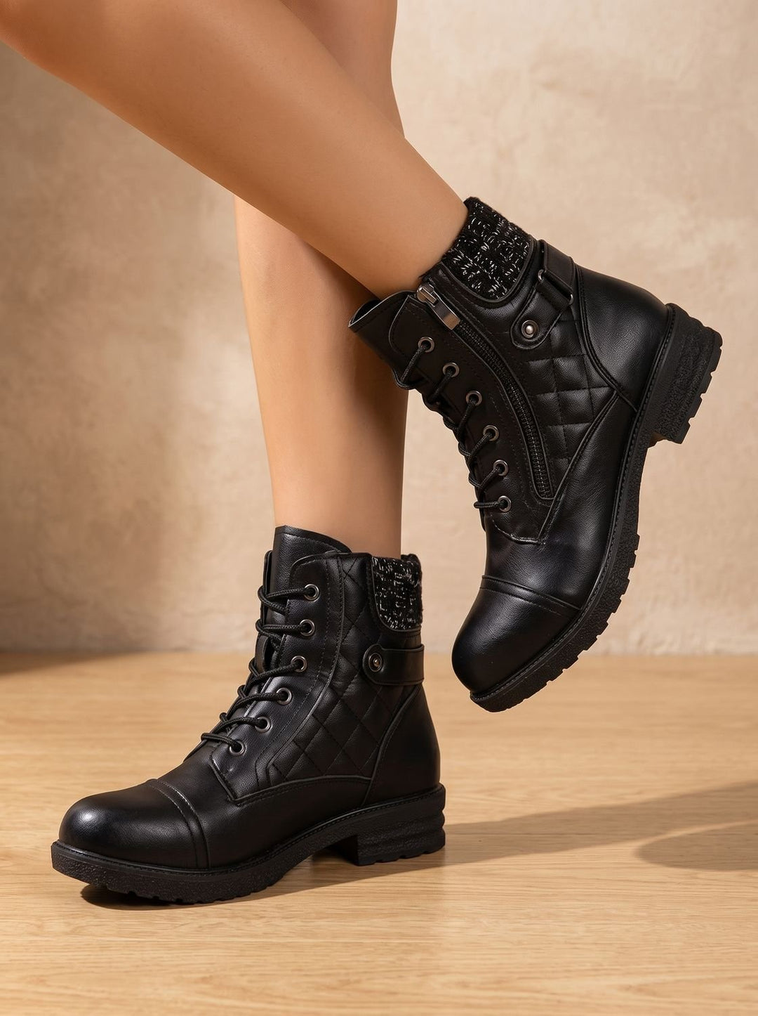 Megan | Cozy Quilted Lace-Up Block Heel Ankle Boots