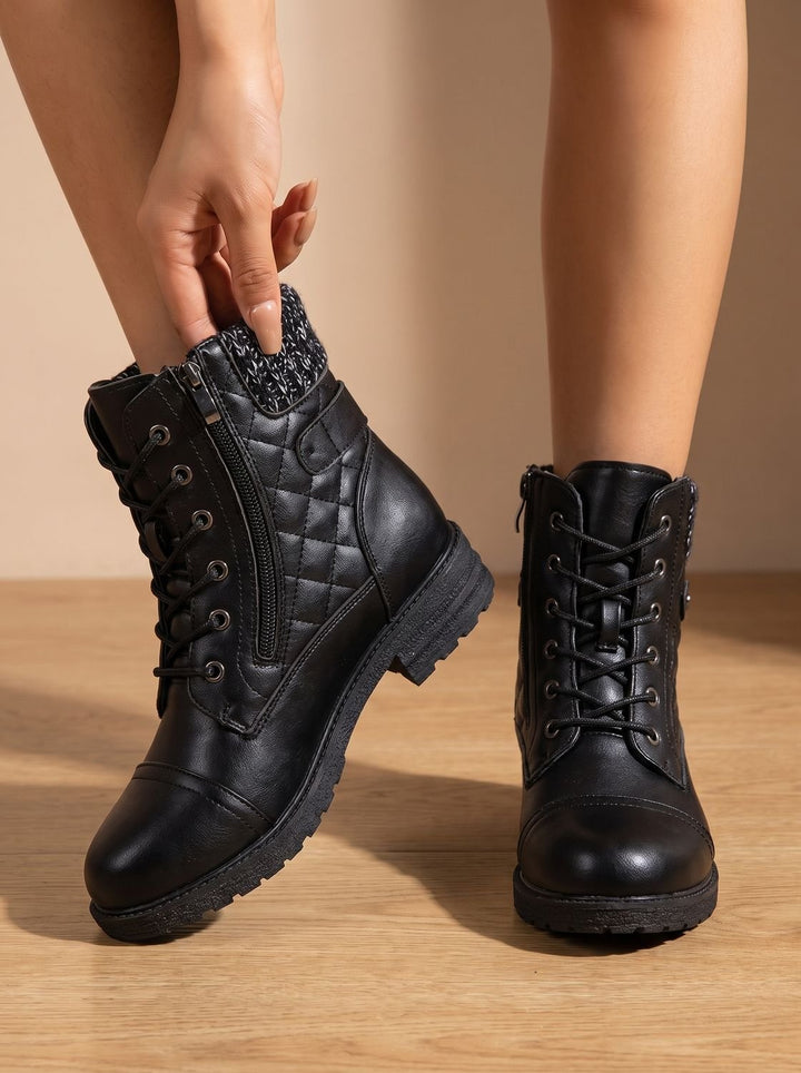 Megan | Cozy Quilted Lace-Up Block Heel Ankle Boots