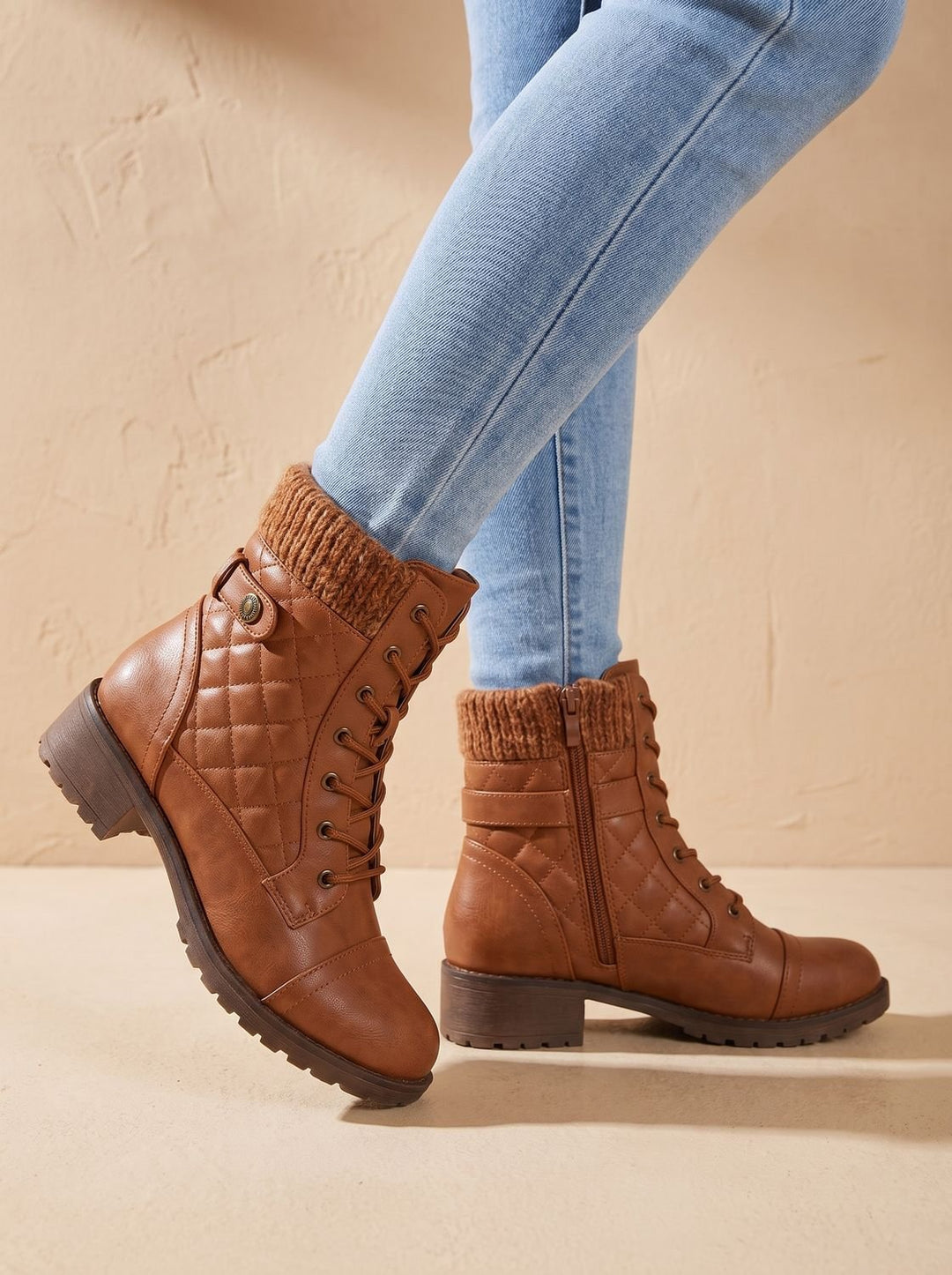 Megan | Cozy Quilted Lace-Up Block Heel Ankle Boots