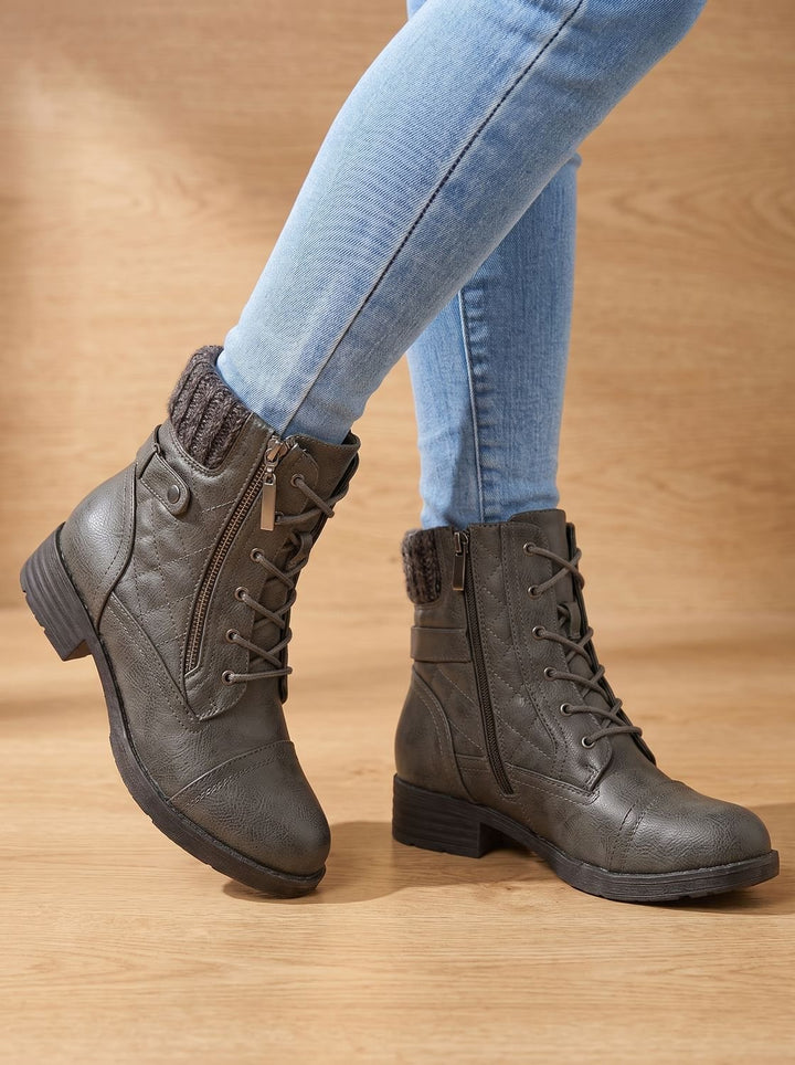 Megan | Cozy Quilted Lace-Up Block Heel Ankle Boots