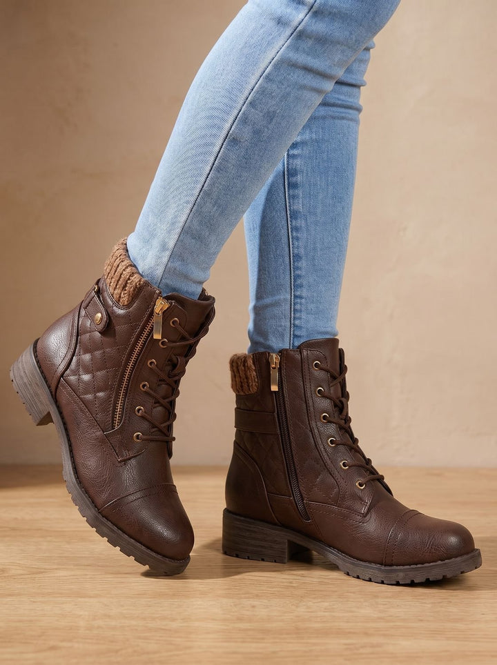 Megan | Cozy Quilted Lace-Up Block Heel Ankle Boots