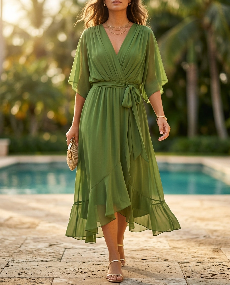 Megan | Elegant Wrap V-Neck Fall Wedding Guest Midi Dress