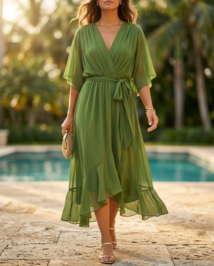 Megan | Elegant Wrap V-Neck Fall Wedding Guest Midi Dress