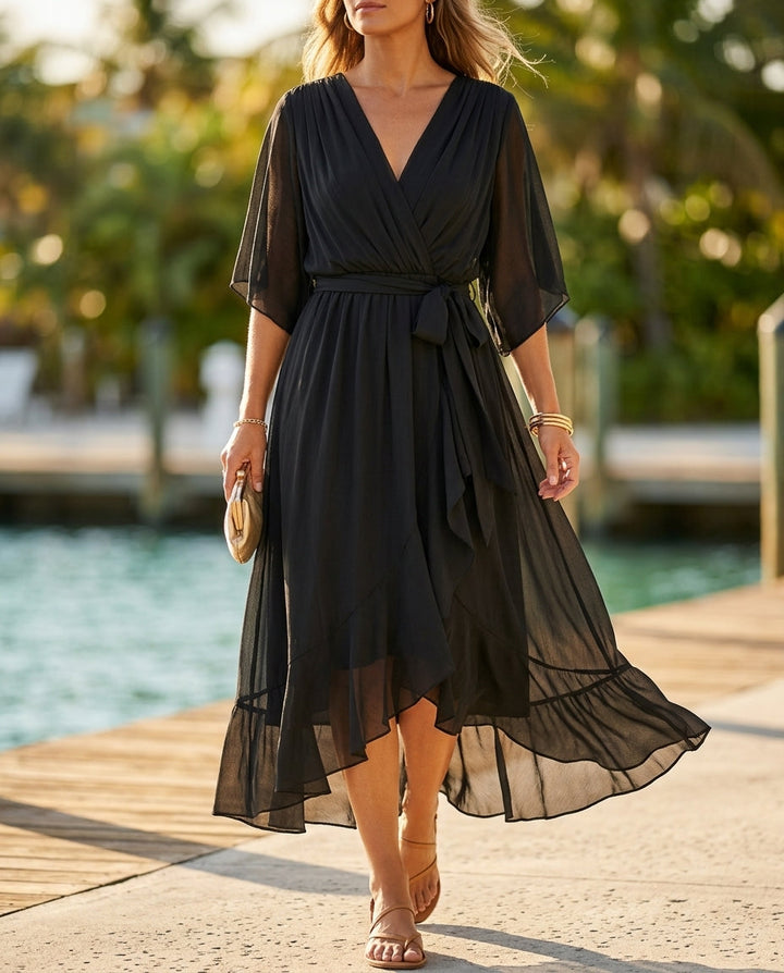 Megan | Elegant Wrap V-Neck Fall Wedding Guest Midi Dress