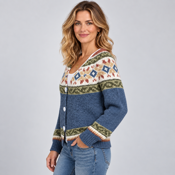 Megan | Relaxed Fair Isle Cardigan Womens V-Neck Sweater