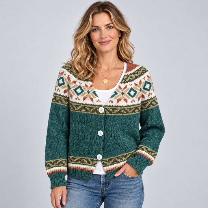 Megan | Relaxed Fair Isle Cardigan Womens V-Neck Sweater