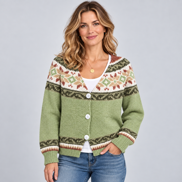 Megan | Relaxed Fair Isle Cardigan Womens V-Neck Sweater